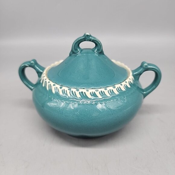 Vintage Harker Pate Sur Pate Corinthian Teal Sugar Bowl With Lid - Picture 1 of 4